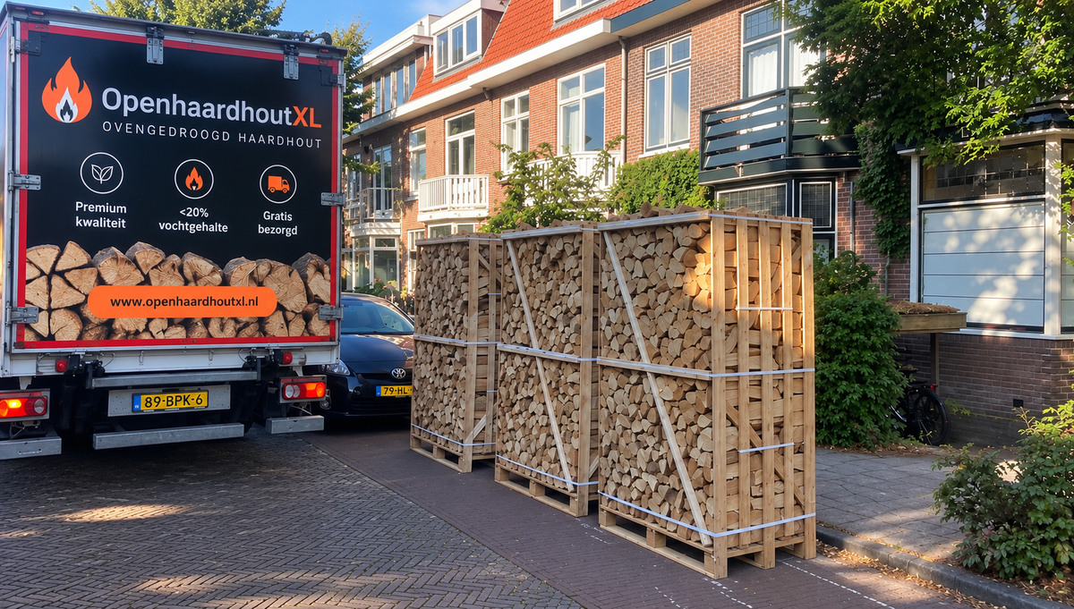 Vrachtwagen van Openhaardhout XL met geleverde kratten haardhout
